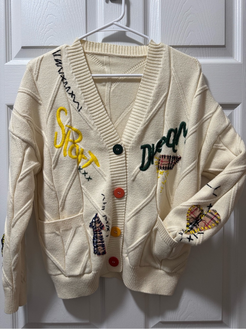 EBossy Cream Embroidered Button-Front Cardigan with Colorful Accents